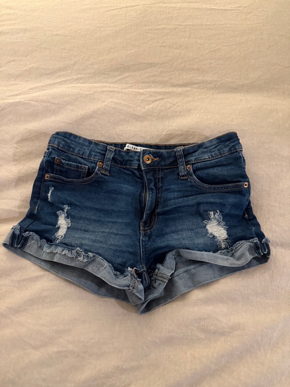 Celebrity Pink Distressed Dark Blue Denim Shorts